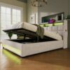 Queen Size Upholstered Platform Bed With A Hydraulic Storage System, LED And USB Charging (Without Mattress) - Natural - Image 7