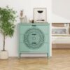 3 Drawer Storage Cabinet With Hollow Carved Design And Metal Handles, Chest For Entryway, Living Room Or Bedroom - Light Green - Image 2