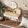 Elegant Makeup Vanity Desk With Adjustable Lighted Mirror Table Feet - American White Oak - Image 7