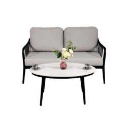 2 Piece Outdoor Patio Furniture, Modern Loveseat Sofa Conversation / Chat Set, Sunbrella Cushions And Oval Coffee Table - Ember Black