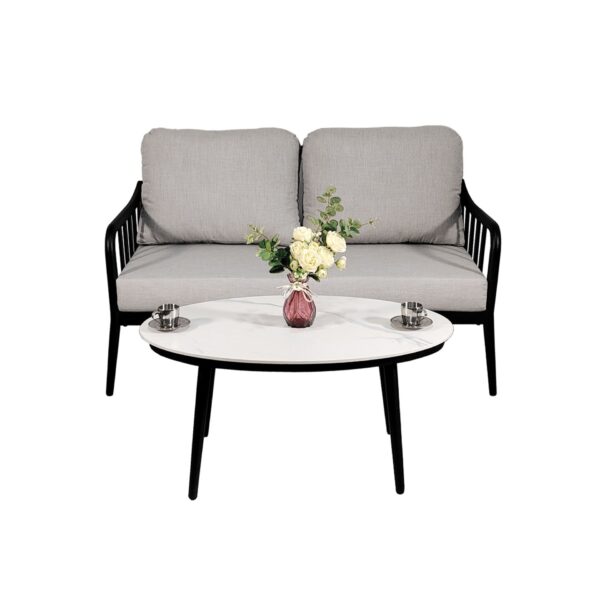 2 Piece Outdoor Patio Furniture, Modern Loveseat Sofa Conversation / Chat Set, Sunbrella Cushions And Oval Coffee Table - Ember Black