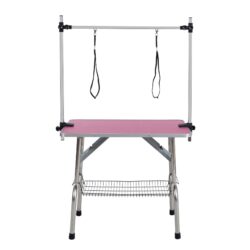 Folding Dog Pet Grooming Table, Stainless Steel Frame Rubber Mat On Board With Adjustable Arm And Clamps Pet Dog Cat Grooming Table - Pink