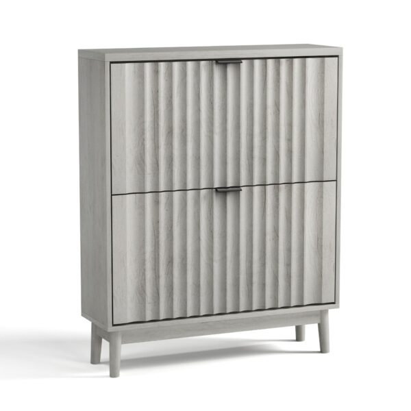 Shoe Cabinet With 2 Flip Drawers, Fluted Shoe Storage Cabinet For Entryway, Free Standing Shoe Storage Organizer With Wave Doors For Heels, Boots, Slippers In Hallway, Living Room - Gray