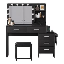 Vanity Desk With Lights, Makeup Vanity Set With Charging Station, Dressing Table With 5 Drawers And Cabinet, Vanity Mirror 3 Lighting Color Adjustable - Black