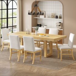 Topmax - 7 Piece Traditional Extendable Dining Table Set With Butterfly Leaf And 6 Upholstered Dining Table Set - Natural