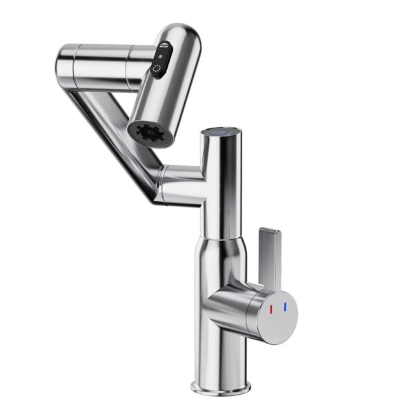 Bathroom Sink Faucet With Spray Function And Temperature Display, Anti Skid Switch, 360 Degree Rotary, Brass Material - Chrome