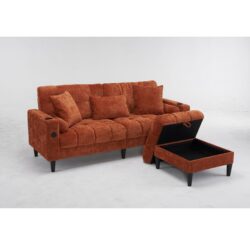 3 Seat L-Shaped Chenille Sofa With Removable And Storage Ottoman, Side Storage, And USB / C - Type Charging Ports Sofa For Living Room, Bedroom, Apartment - Orange