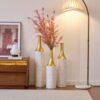 Floor Metal Vases Decorated White Metal Vases (Set of 3) Gorgeous Home Decoration Large Glazed Metal Vases - White / Gold - Image 4