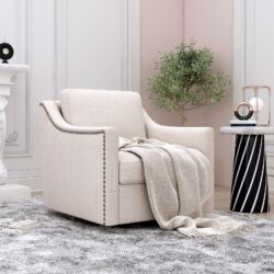 360 Degree Swivel Armchair Cotton Linen Skin - Friendly Fabric Ergonomic Design Brass Nail Decorative Armchair Living Room Chairs Bedroom Chairs Living Room Chairs Black Legs Suitable For Indoor Homes - White