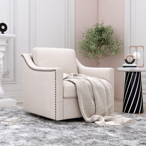 360 Degree Swivel Armchair Cotton Linen Skin - Friendly Fabric Ergonomic Design Brass Nail Decorative Armchair Living Room Chairs Bedroom Chairs Living Room Chairs Black Legs Suitable For Indoor Homes - White