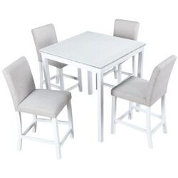 5 Piece Counter Height Table Set, Wooden Kitchen Table Set With Square Table And 4 Upholstered Chairs, Counter Height Dining Table With Crystal Decoration And Chair Set For Kitchen, Dining Room - White