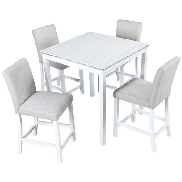 5 Piece Counter Height Table Set, Wooden Kitchen Table Set With Square Table And 4 Upholstered Chairs, Counter Height Dining Table With Crystal Decoration And Chair Set For Kitchen, Dining Room - White