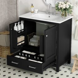 Bathroom Vanity With Single Sink, Combo Cabinet Undermount Sink, Bathroom Storage Cabinet With 2 Doors And A Drawer, Soft Closing, Multifunctional Storage, Solid Wood Frame - Black