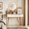 Elegant Makeup Vanity Desk With Adjustable Lighted Mirror Table Feet - American White Oak - Image 2