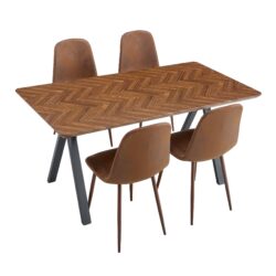 Modern Transferred Leg Backrest Dining Chair And Herringbone Dining Table Set Model Of Elegance And Durability For Home Furnishing - Brown / Walnut