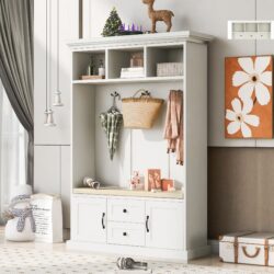 Hall Tree With 3 Hooks, Coat Hanger, Entryway Bench, Storage Bench, 3 In 1 Design, For Entrance, Hallway White - White