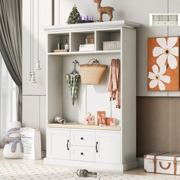 Hall Tree With 3 Hooks, Coat Hanger, Entryway Bench, Storage Bench, 3 In 1 Design, For Entrance, Hallway White - White