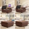 Large Square Storage Stool With 2 Storage Doors, Footstool For Living Room Mid - Century Modern Coffee Table With Nailhead Inlay - Brown - Image 4