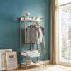 Metal Clothes Rack Open Wardrobe Free Standing With One Drawer Hanging Clothes Rod - White / Gold Metal - Image 2