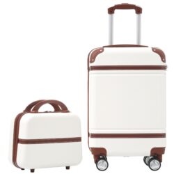 20" Hardside Luggage With Cosmetic Case, 2 Piece Lightweight Suitcase Set With Spinner Wheels, Carry On Vintage Luggage - White