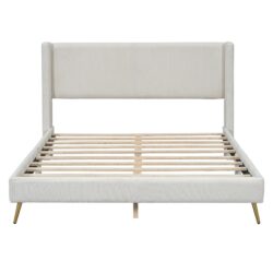 Queen Size Platform Bed With Legs, Frame And Tufted Headboard - Beige