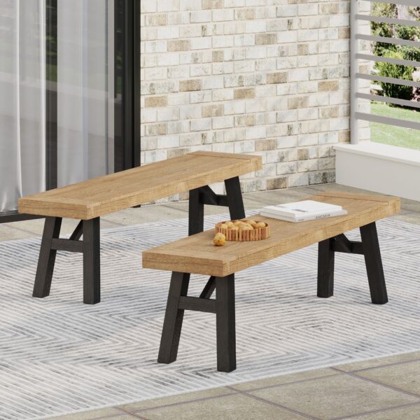 Outdoor Bench With Slat Panel Design And Frame (Set of 2) - Natural / Gray