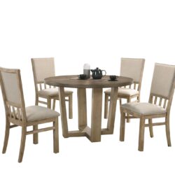 Brutus - 5 Piece Wide Contemporary Round Dining Table With Wheat Colored Fabric Chairs (Set of 5) - Vintage Walnut