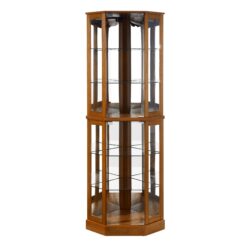 6 Shelf Corner Curio Display Cabinet With Lights, Mirrors And Adjustable Shelves (E26 Light Bulb Not Included) - Oak