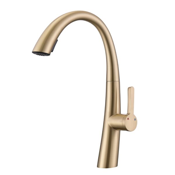 Elegant Single Handle Stainless Steel Pull Out Kitchen Faucet With High Arch Spout - Brushed Gold