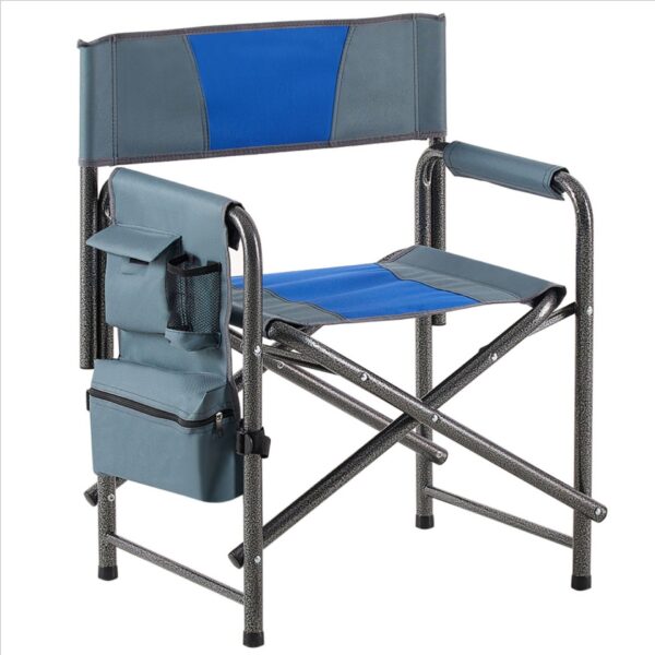 Padded Folding Outdoor Chair With Storage Pockets, Lightweight Oversized Directors Chair For Indoor, Outdoor Camping, Picnics And Fishing - Blue / Gray