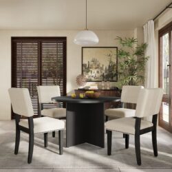Topmax - 5 Piece Modern Round Dining Table Set Pedestal Kitchen Table Set With 4 Upholstered Dining Chairs For Studio, Apartment, Small Places - Black