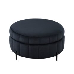 Upholstered Round Ottoman With Reversible Lid, Velvet Storage Stool, Channel Tufted Pumpkin Shape Footstool For Living Room, Bedroom And Office - Black