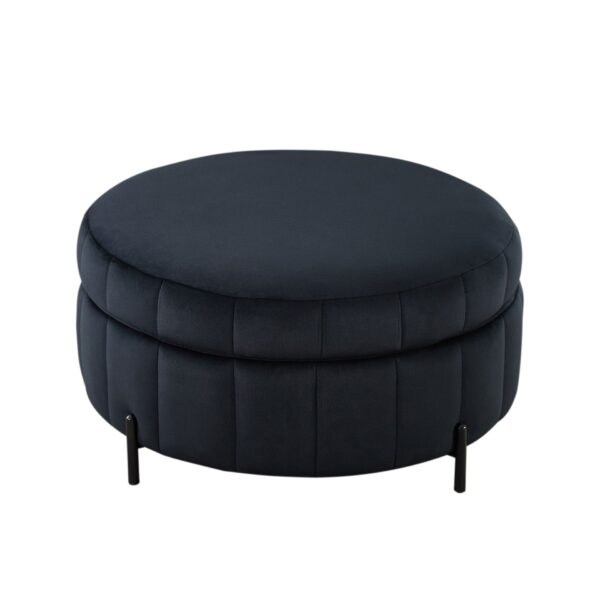 Upholstered Round Ottoman With Reversible Lid, Velvet Storage Stool, Channel Tufted Pumpkin Shape Footstool For Living Room, Bedroom And Office - Black