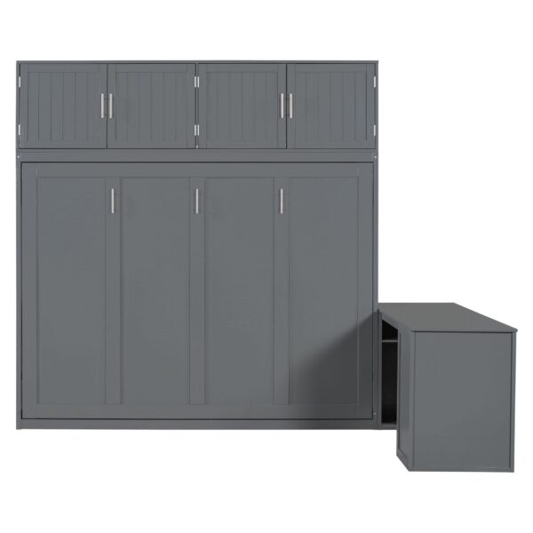 Queen Size Wall Murphy Bed With Desk And Storage Shelves And Big Cabinets - Gray