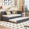 Upholstered Daybed With Trundle Twin Size Sofa Bed Frame No Box Spring Needed, Linen - Gray - Image 14