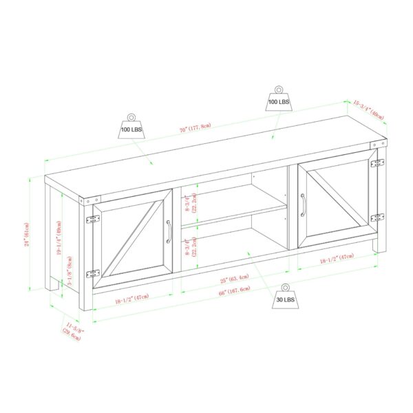 Rustic Farmhouse Double Barn Door 70" TV Stand For 80" TVs With Center Shelves - White Oak