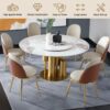 Round Stone Burning Table, Modern Marble Dining Table With 6 Chairs - Gold / White - Image 8