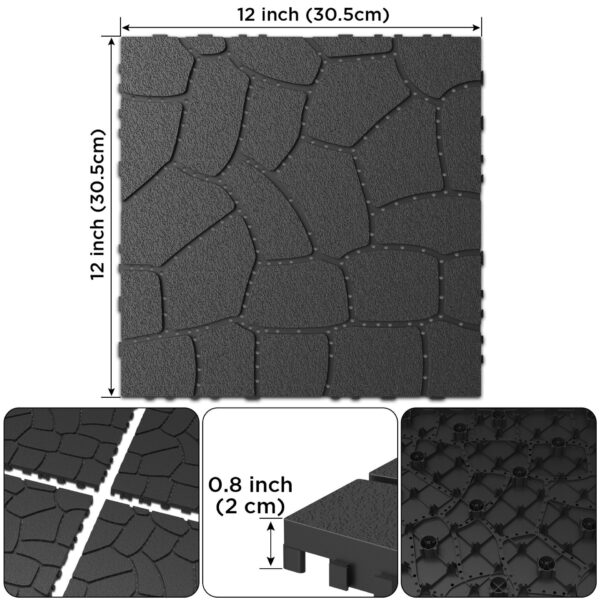 New Stone Texture Patio Deck Tiles, Diy Interlocking Floor Tiles, Easy Installation For Porch Poolside Balcony 12" - Dark Gray