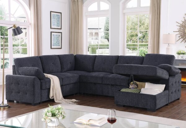 Nyhan - Upholstered Corner Sectional With Pull Out Loveseat And Storaged Chaise - Dark Gray