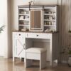 Farmhouse Makeup Vanity Desk With Sliding Mirror, LED Lights, And Storage Glass, Metal, And Wood Construction - White - Image 13
