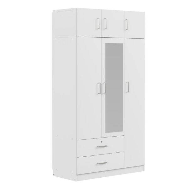 Modern 3 Door Mirror Wardrobe With 2 Drawers And Top Cabinet - White