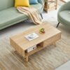 41.34" Rattan Coffee Table, Sliding Door For Storage, Solid Wood Legs, Modern Table For Living Room - Natural - Image 2