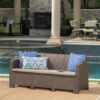 Outdoor 3 Seater Rattan Sofa With Water Resistant Cushions - Brown / Mix Beige - Image 2