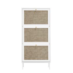 Modern Rattan 3 Door Shoe Rack Cabinet For Entryway Freestanding White Storage Unit In Particle Board - White