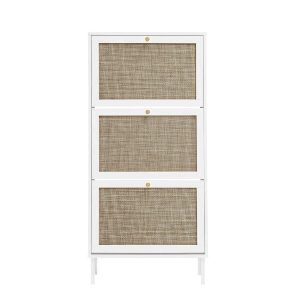 Modern Rattan 3 Door Shoe Rack Cabinet For Entryway Freestanding White Storage Unit In Particle Board - White