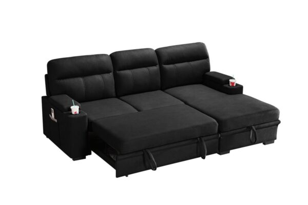 Kaden - Sleeper Sectional Sofa Chaise With Storage Arms And Cupholder - Black