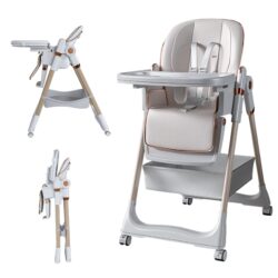 Adjustable Baby High Chair 0 - 6 Years, Portable Infant Feeding Seat With Safety Belt, Silent Lockable Wheels - White