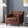 Contemporary Club Chair With Button Tufting And Birch Wood Legs - Dark Brown - Image 2