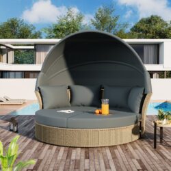 Outdoor Patio Daybed Wicker Rattan Double Daybed Round Sofa Furniture Set With Retractable Canopy, 4 Pillows For Lawn Garden Backyard Porch Pool - Gray