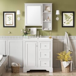 Bathroom Vanity With Sink, Modern Elegant Bathroom Storage Cabinet With 3 Drawers And Adjustable Shelves, Freestanding Vanity Set With Mirror Cabinet, Single Sink Bathroom Vanity - White